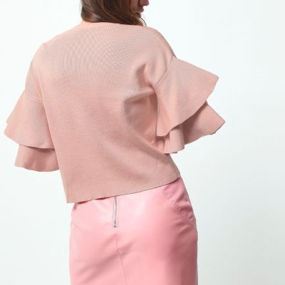 Light pink knit double frill sleeve top